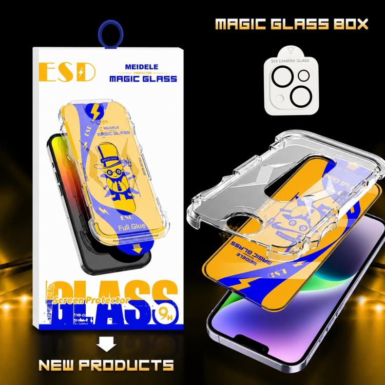 For iPhone 14 Plus 10pcs MEIDELE Easy Install Dust-proof Box HD Tempered Glass Film with Lens Film