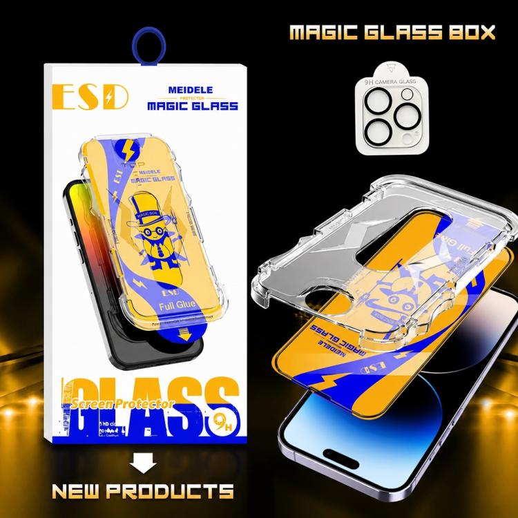 For iPhone 14 Pro 10pcs MEIDELE Easy Install Dust-proof Box HD Tempered Glass Film with Lens Film