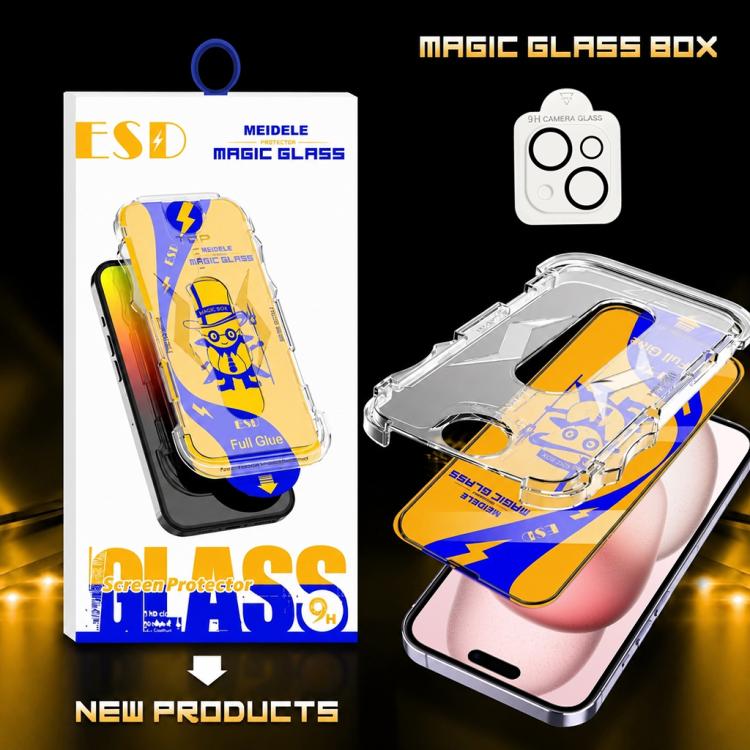 For iPhone 15 Plus 10pcs MEIDELE Easy Install Dust-proof Box HD Tempered Glass Film with Lens Film