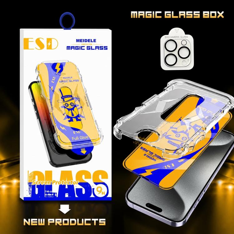 For iPhone 15 Pro 10pcs MEIDELE Easy Install Dust-proof Box HD Tempered Glass Film with Lens Film