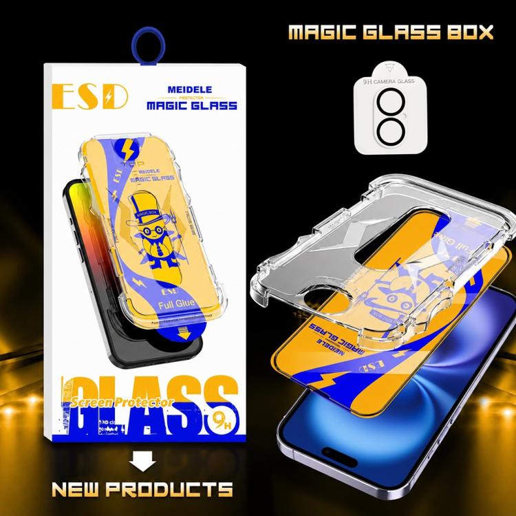 For iPhone 16 Plus 10pcs MEIDELE Easy Install Dust-proof Box HD Tempered Glass Film with Lens Film