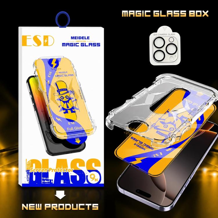 For iPhone 16 Pro Max 10pcs MEIDELE Easy Install Dust-proof Box HD Tempered Glass Film with Lens Film