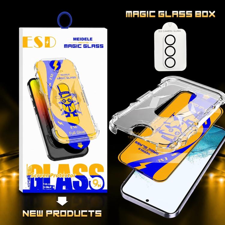 For Galaxy S22 5G 10pcs MEIDELE Easy Install Dust-proof Box HD Tempered Glass Film with Lens Film, Support Ultrasonic Unlock