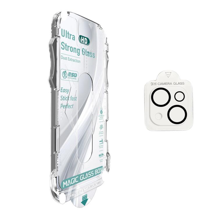 For iPhone 14 / 13 10pcs USG Easy Install Dust-proof Box HD Edge-to-Edge Tempered Glass Film with Lens Film
