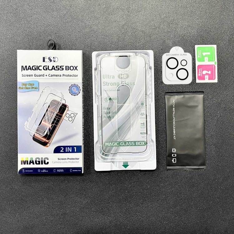 For iPhone 14 / 13 10pcs USG Easy Install Dust-proof Box HD Edge-to-Edge Tempered Glass Film with Lens Film