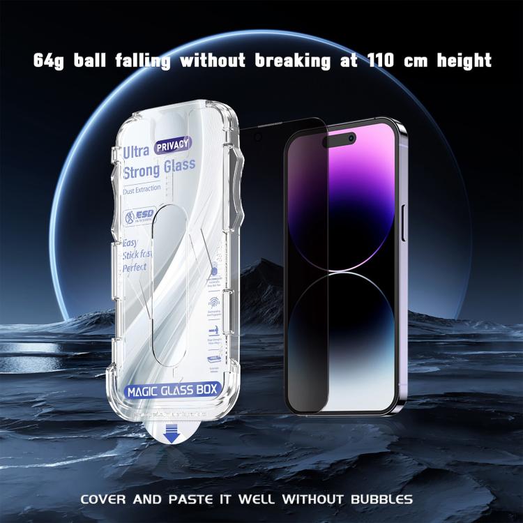 For iPhone 14 Pro Max 10pcs USG Easy Install Dust-proof Box Privacy Edge-to-Edge Tempered Glass Film