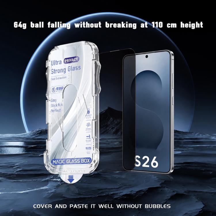 For Galaxy S26 5G 10pcs USG Easy Install Dust-proof Box Privacy Edge-to-Edge Tempered Glass Film, Support Ultrasonic Unlock