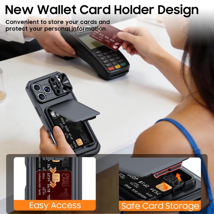For iPhone 17 Pro Max Flip Card Holder Sliding Camera Cover PC Hybrid TPU Phone Case