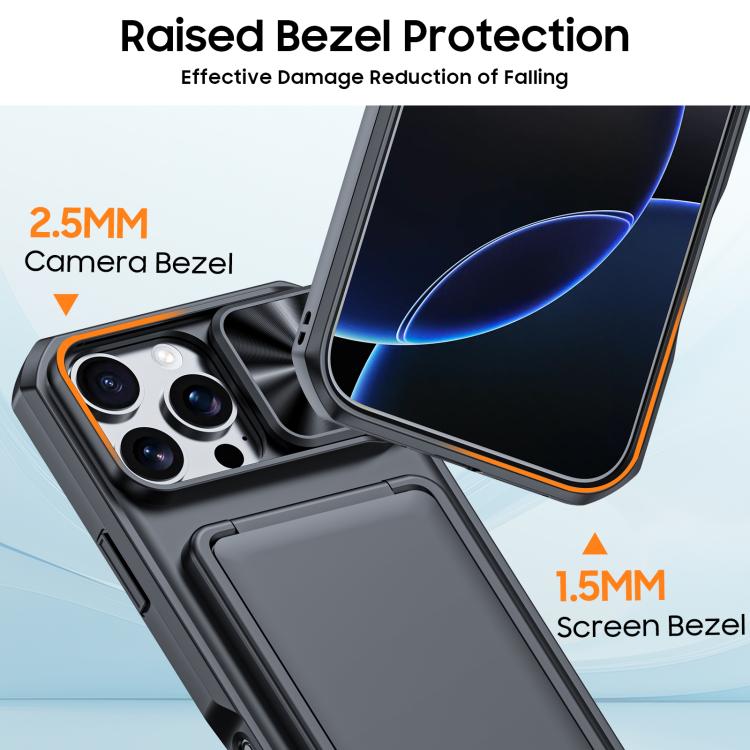 For iPhone 16 Pro Max Flip Card Holder Sliding Camera Cover PC Hybrid TPU Phone Case