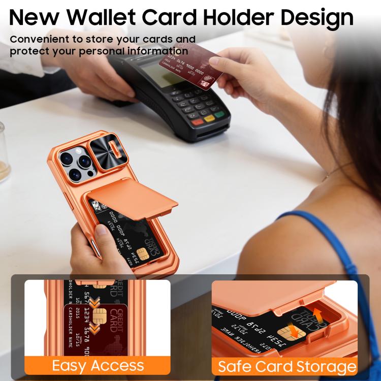 For iPhone 15 Pro Max Flip Card Holder Sliding Camera Cover PC Hybrid TPU Phone Case
