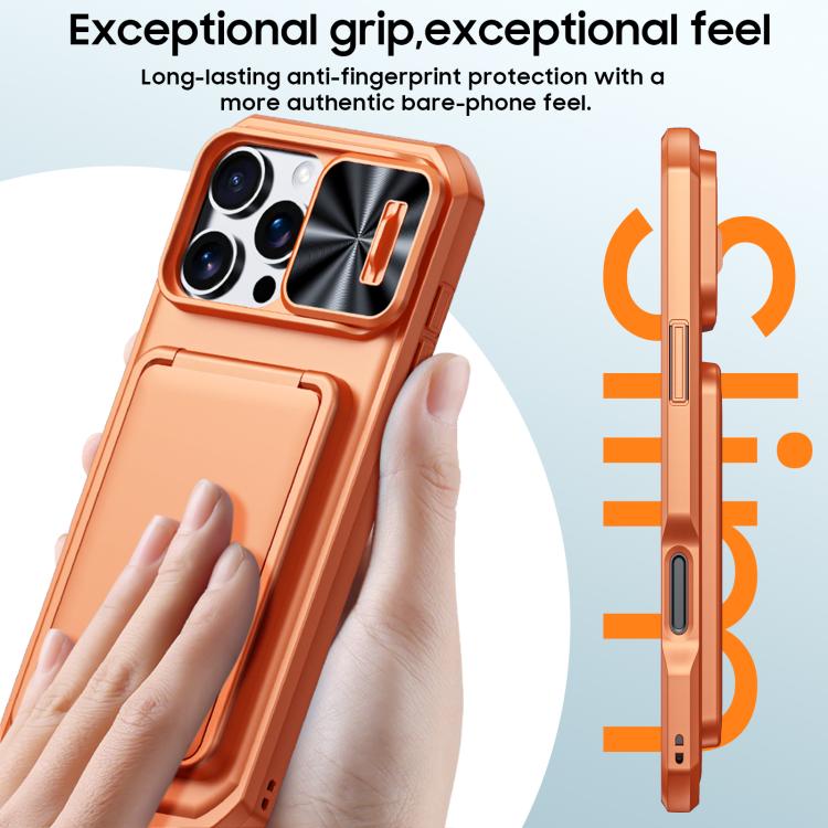 For iPhone 15 Pro Max Flip Card Holder Sliding Camera Cover PC Hybrid TPU Phone Case