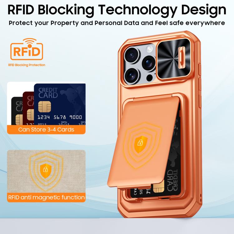 For iPhone 15 Pro Max Flip Card Holder Sliding Camera Cover PC Hybrid TPU Phone Case