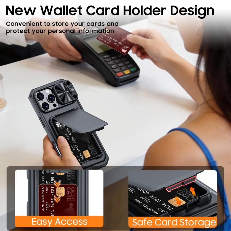For iPhone 15 Pro Max Flip Card Holder Sliding Camera Cover PC Hybrid TPU Phone Case
