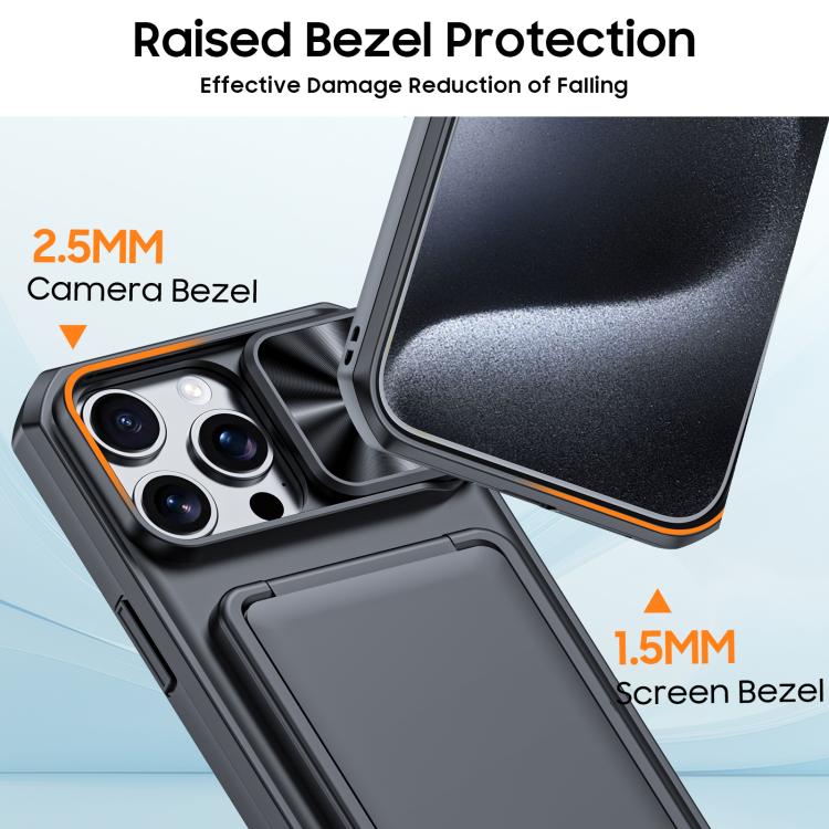 For iPhone 15 Pro Max Flip Card Holder Sliding Camera Cover PC Hybrid TPU Phone Case