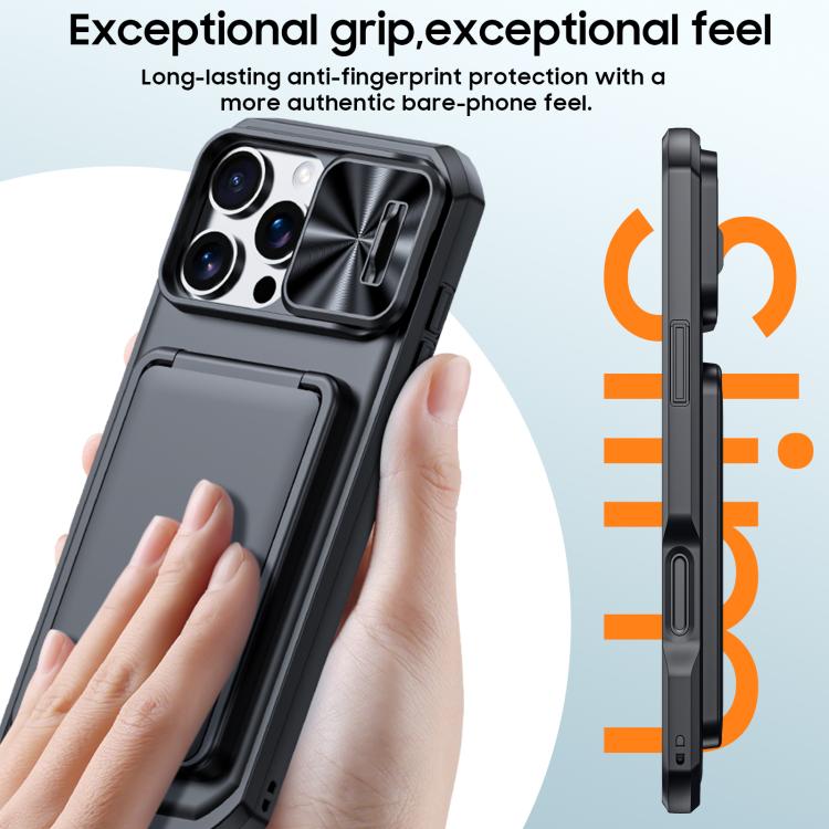 For iPhone 15 Pro Max Flip Card Holder Sliding Camera Cover PC Hybrid TPU Phone Case