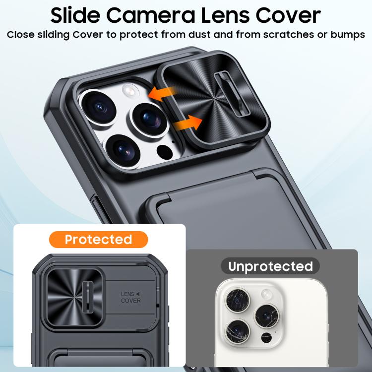For iPhone 15 Pro Max Flip Card Holder Sliding Camera Cover PC Hybrid TPU Phone Case