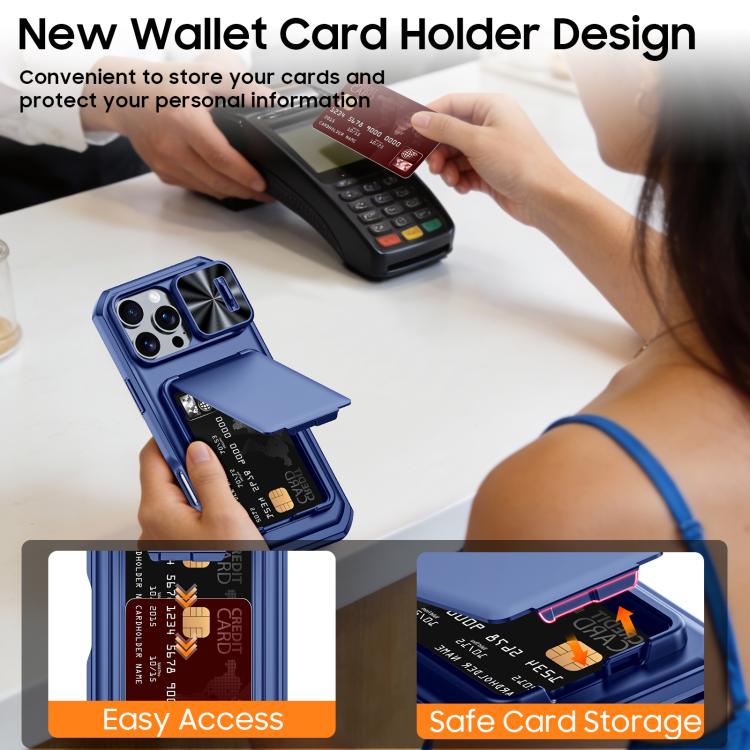 For iPhone 15 Pro Max Flip Card Holder Sliding Camera Cover PC Hybrid TPU Phone Case