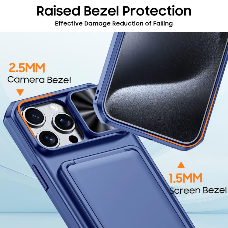 For iPhone 15 Pro Max Flip Card Holder Sliding Camera Cover PC Hybrid TPU Phone Case