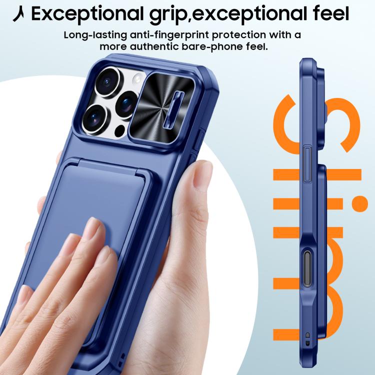 For iPhone 15 Pro Max Flip Card Holder Sliding Camera Cover PC Hybrid TPU Phone Case