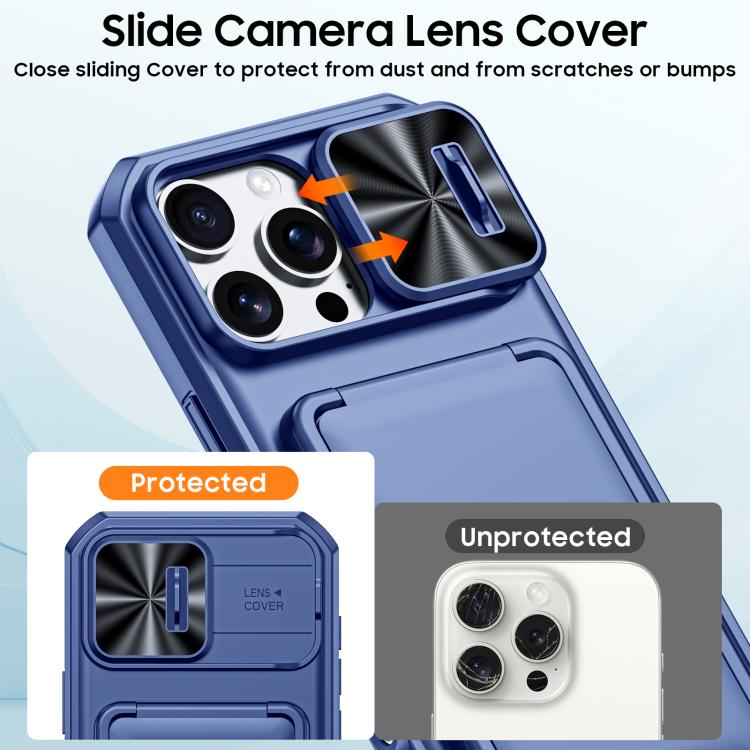 For iPhone 15 Pro Max Flip Card Holder Sliding Camera Cover PC Hybrid TPU Phone Case