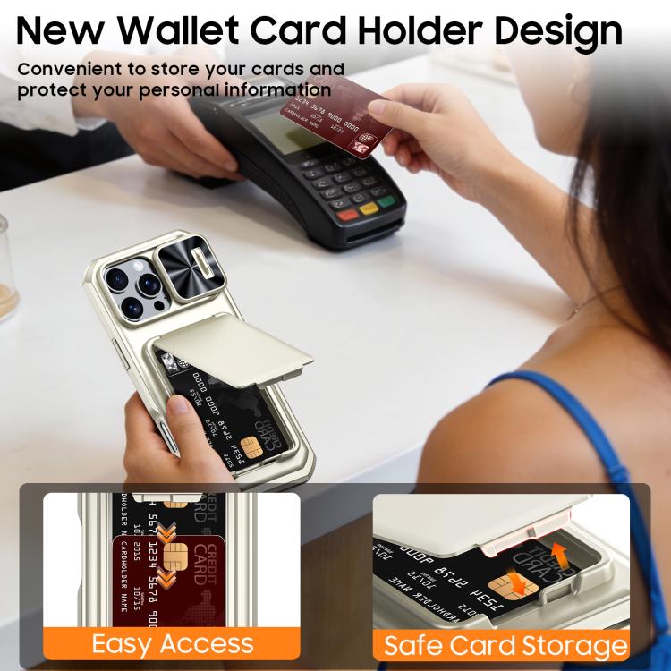 For iPhone 15 Pro Max Flip Card Holder Sliding Camera Cover PC Hybrid TPU Phone Case