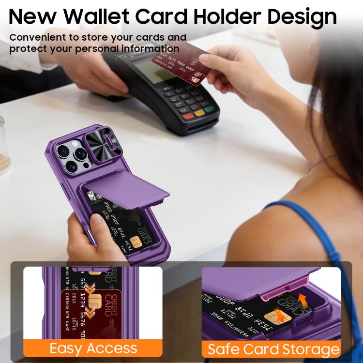 For iPhone 15 Pro Max Flip Card Holder Sliding Camera Cover PC Hybrid TPU Phone Case