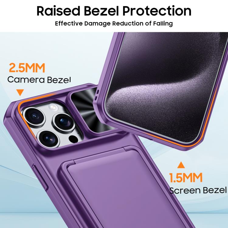 For iPhone 15 Pro Max Flip Card Holder Sliding Camera Cover PC Hybrid TPU Phone Case