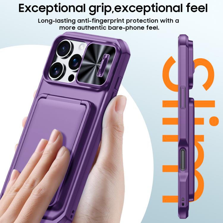 For iPhone 15 Pro Max Flip Card Holder Sliding Camera Cover PC Hybrid TPU Phone Case