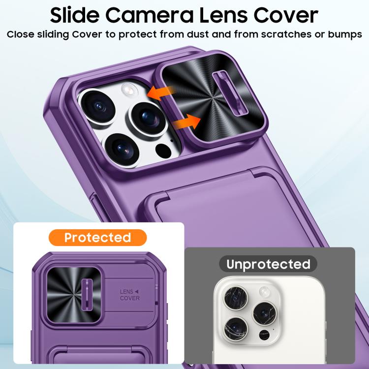 For iPhone 15 Pro Max Flip Card Holder Sliding Camera Cover PC Hybrid TPU Phone Case