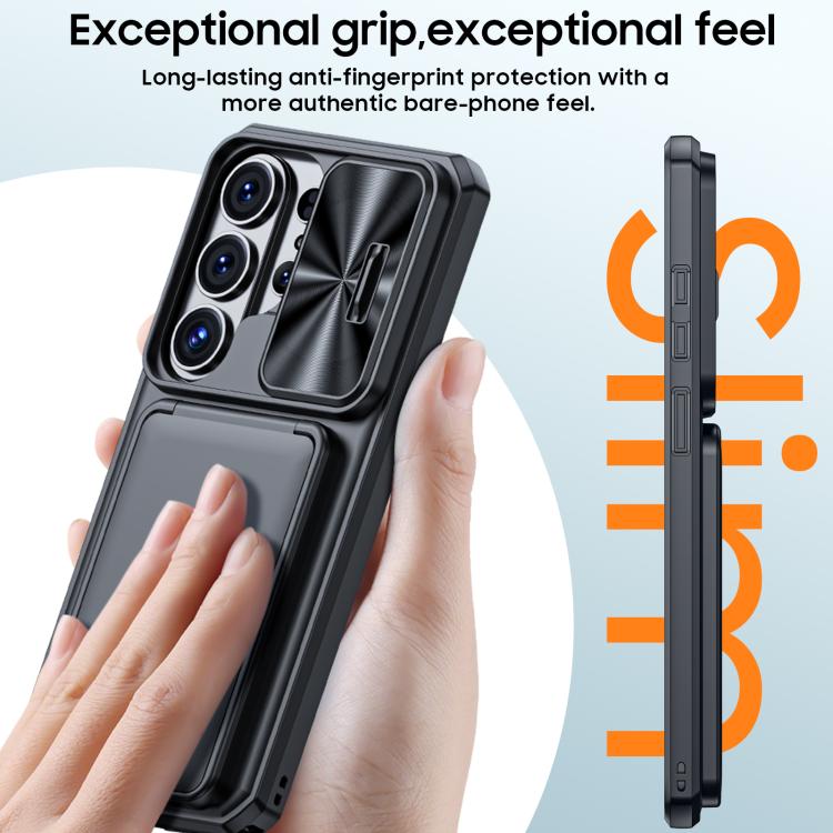 For Galaxy S26 Ultra 5G Flip Card Holder Sliding Camera Cover PC Hybrid TPU Phone Case