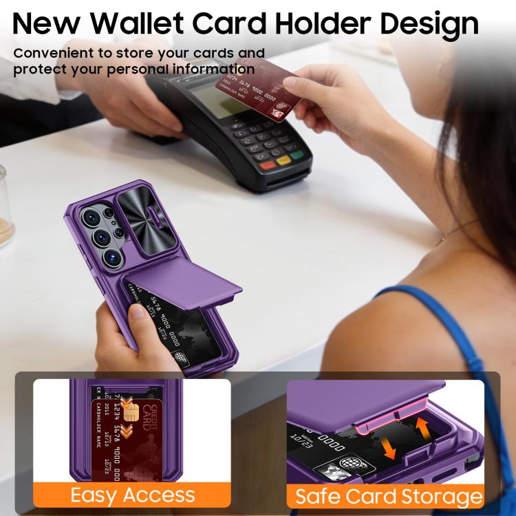 For Galaxy S26 Ultra 5G Flip Card Holder Sliding Camera Cover PC Hybrid TPU Phone Case
