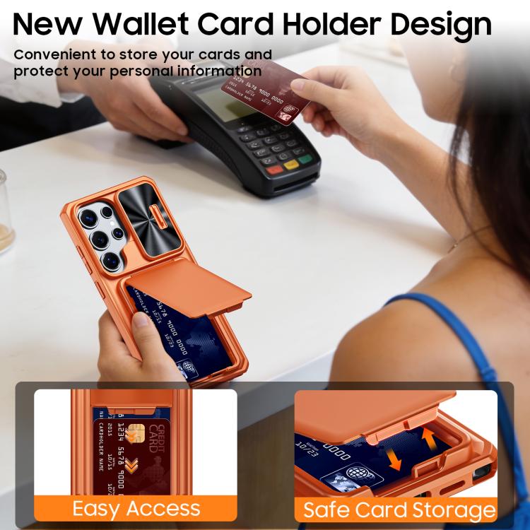 For Galaxy S25 Ultra 5G Flip Card Holder Sliding Camera Cover PC Hybrid TPU Phone Case