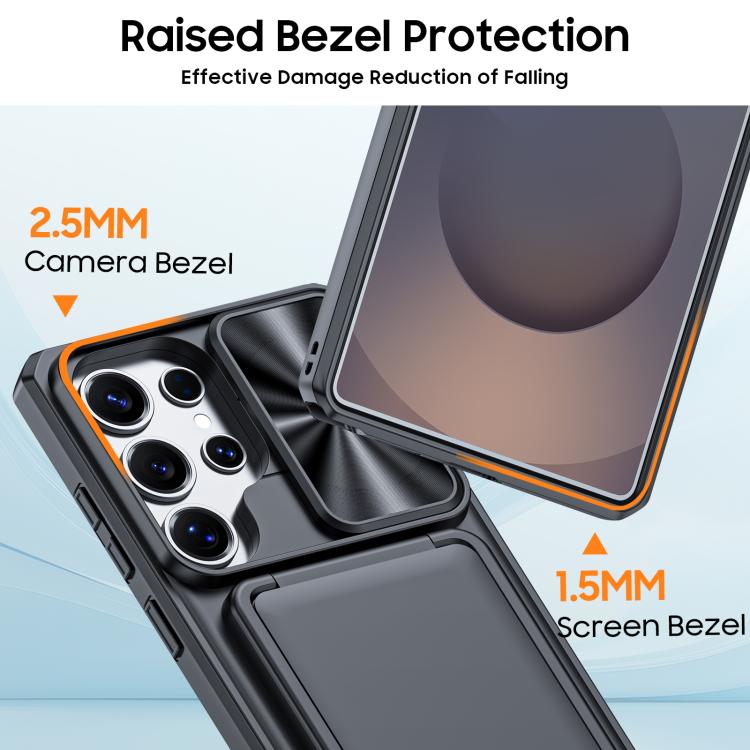 For Galaxy S25 Ultra 5G Flip Card Holder Sliding Camera Cover PC Hybrid TPU Phone Case
