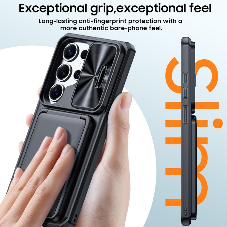 For Galaxy S25 Ultra 5G Flip Card Holder Sliding Camera Cover PC Hybrid TPU Phone Case