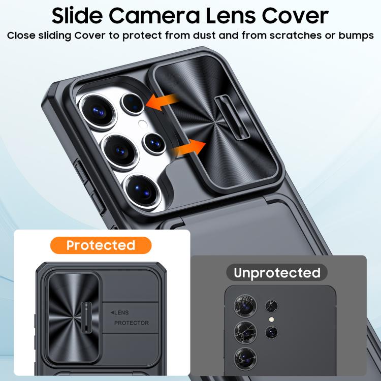 For Galaxy S25 Ultra 5G Flip Card Holder Sliding Camera Cover PC Hybrid TPU Phone Case