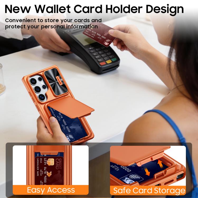 For Galaxy S24 Ultra 5G Flip Card Holder Sliding Camera Cover PC Hybrid TPU Phone Case
