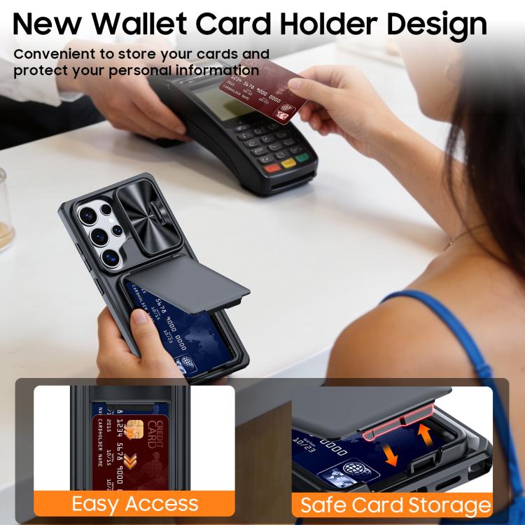 For Galaxy S24 Ultra 5G Flip Card Holder Sliding Camera Cover PC Hybrid TPU Phone Case