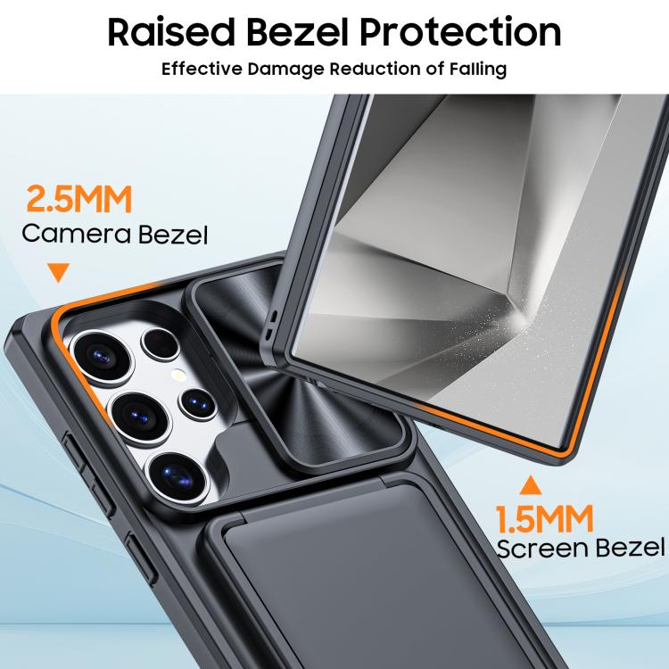For Galaxy S24 Ultra 5G Flip Card Holder Sliding Camera Cover PC Hybrid TPU Phone Case