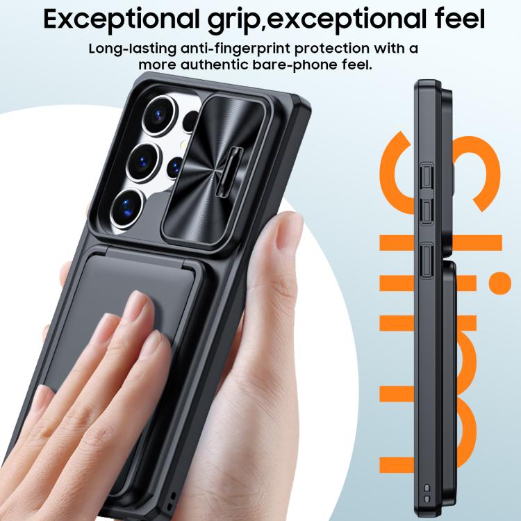 For Galaxy S24 Ultra 5G Flip Card Holder Sliding Camera Cover PC Hybrid TPU Phone Case
