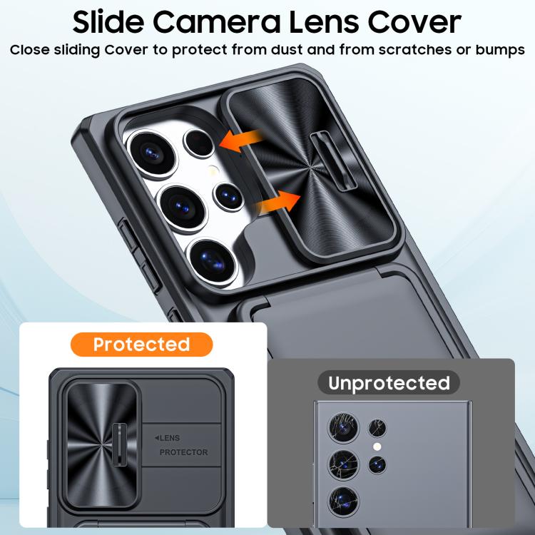 For Galaxy S24 Ultra 5G Flip Card Holder Sliding Camera Cover PC Hybrid TPU Phone Case