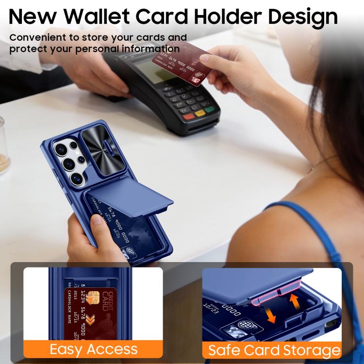 For Galaxy S24 Ultra 5G Flip Card Holder Sliding Camera Cover PC Hybrid TPU Phone Case