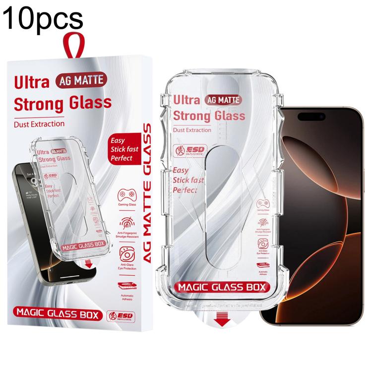 For iPhone 16 Pro Max 10pcs Easy Install Dust-proof Box Frosted Tempered Glass Film