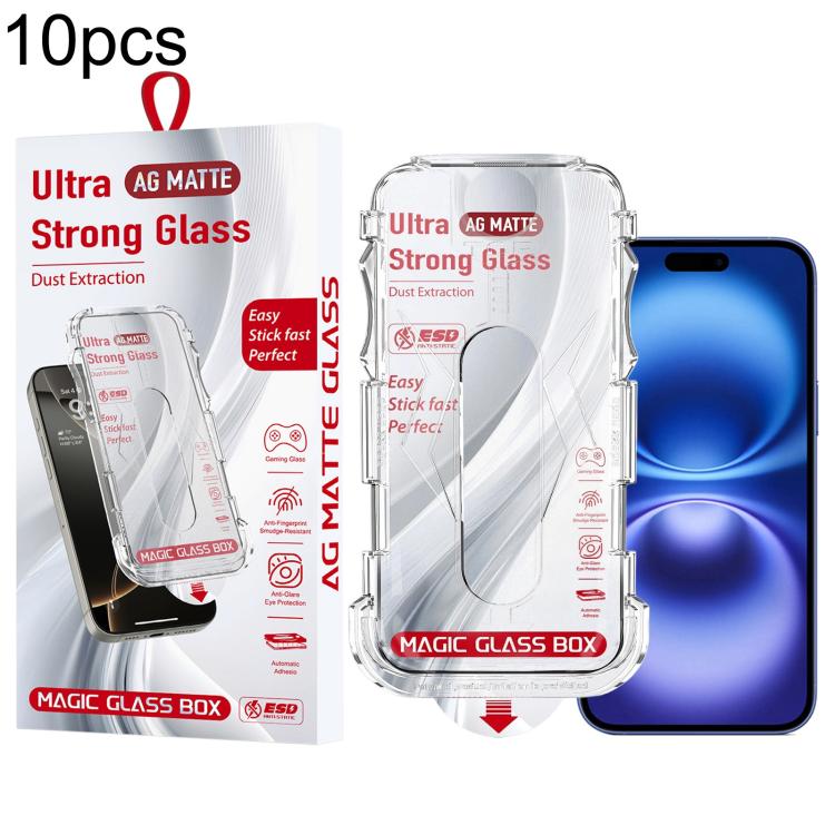 For iPhone 16 Plus / 15 Plus 10pcs Easy Install Dust-proof Box Frosted Tempered Glass Film