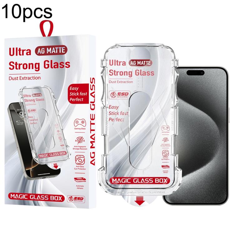 For iPhone 15 Pro 10pcs Easy Install Dust-proof Box Frosted Tempered Glass Film