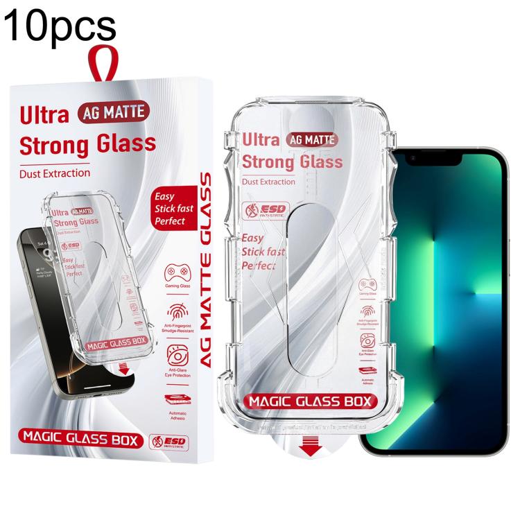 For iPhone 14 Plus / 13 Pro Max 10pcs Easy Install Dust-proof Box Frosted Tempered Glass Film