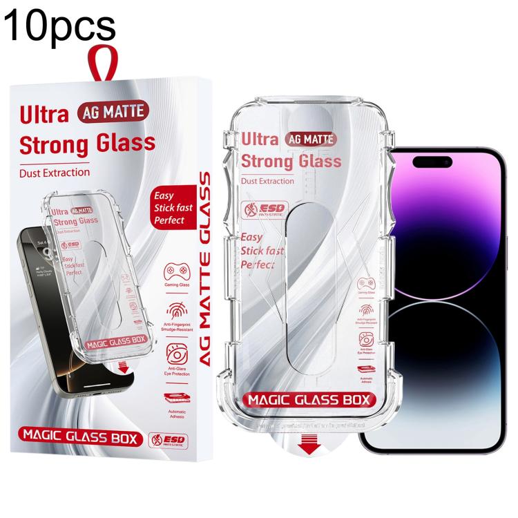 For iPhone 14 Pro 10pcs Easy Install Dust-proof Box Frosted Tempered Glass Film