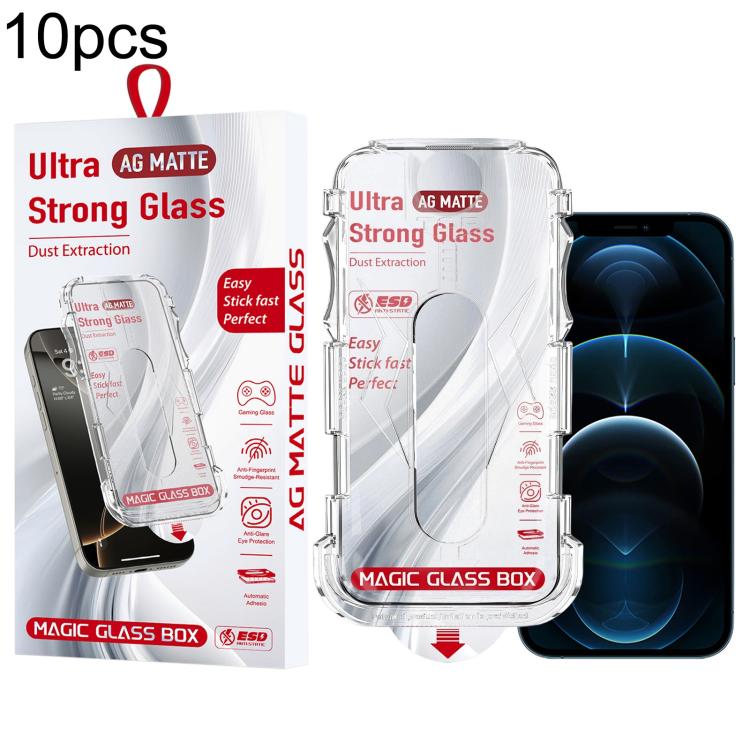For iPhone 12 Pro Max 10pcs Easy Install Dust-proof Box Frosted Tempered Glass Film
