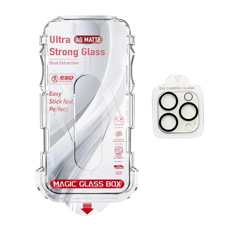 For iPhone 13 Pro Max 10pcs Easy Install Dust-proof Box Frosted Tempered Glass Film with Lens Film