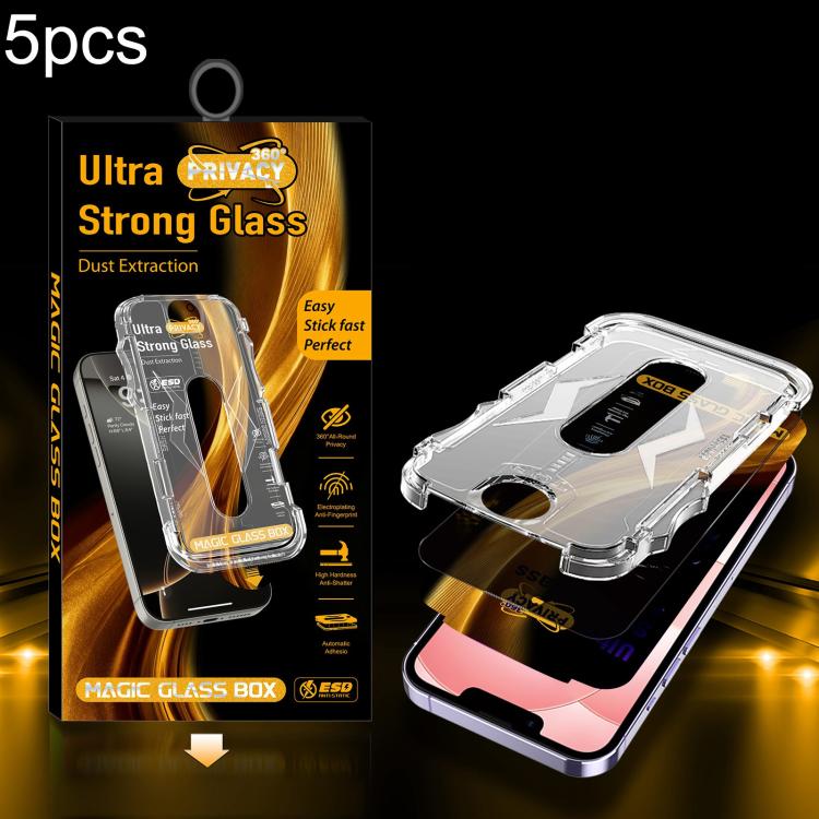 For iPhone 17e / 16e / 14 / 13 Pro 5pcs Easy Install Dust-proof Box 360 Privacy Tempered Glass Film