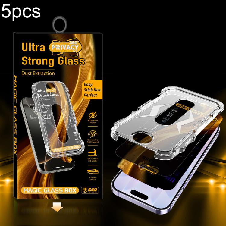 For iPhone 17 / 16 Pro 5pcs Easy Install Dust-proof Box 360 Privacy Tempered Glass Film